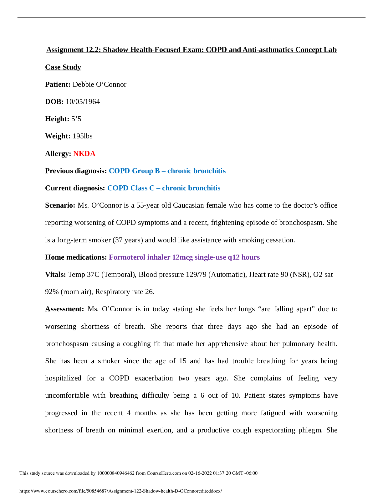Preview of Assignment 12.2 Shadow Health-Focused Exam COPD and Anti-asthmatics Concept Lab Case Study